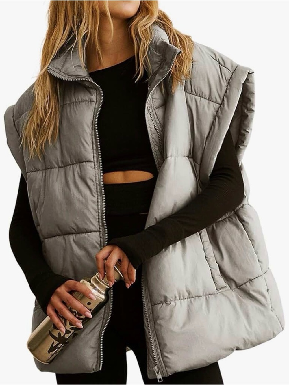 Women’s Light Gray Quilted Puffer Vest with Stand Collar Oversized NWTs
